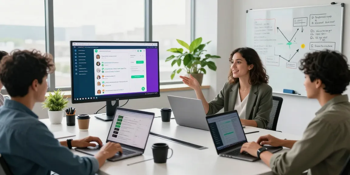 Group of professionals engaging with WhatsApp電腦版 in a modern office, showcasing collaboration and technology.