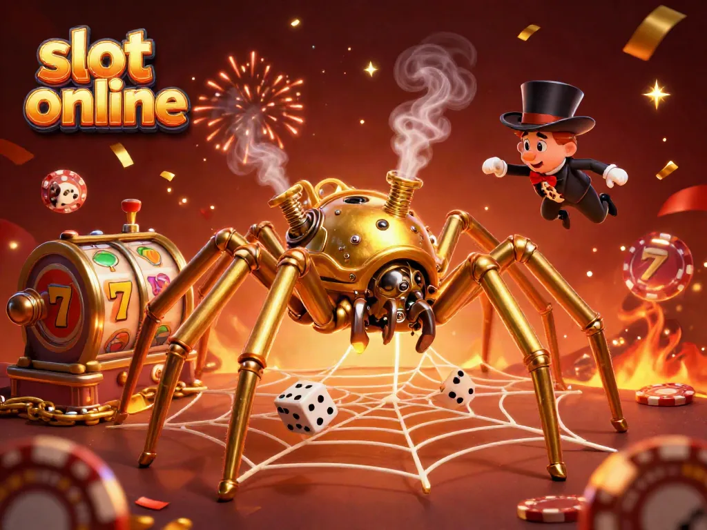Engage with slot online gameplay, featuring a steampunk spider and vibrant game elements in an elaborate scene.
