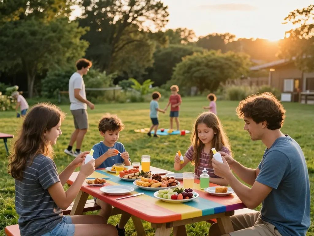 Family enjoying outdoor barbecue with mosquito repellent application in a vibrant backyard setting
