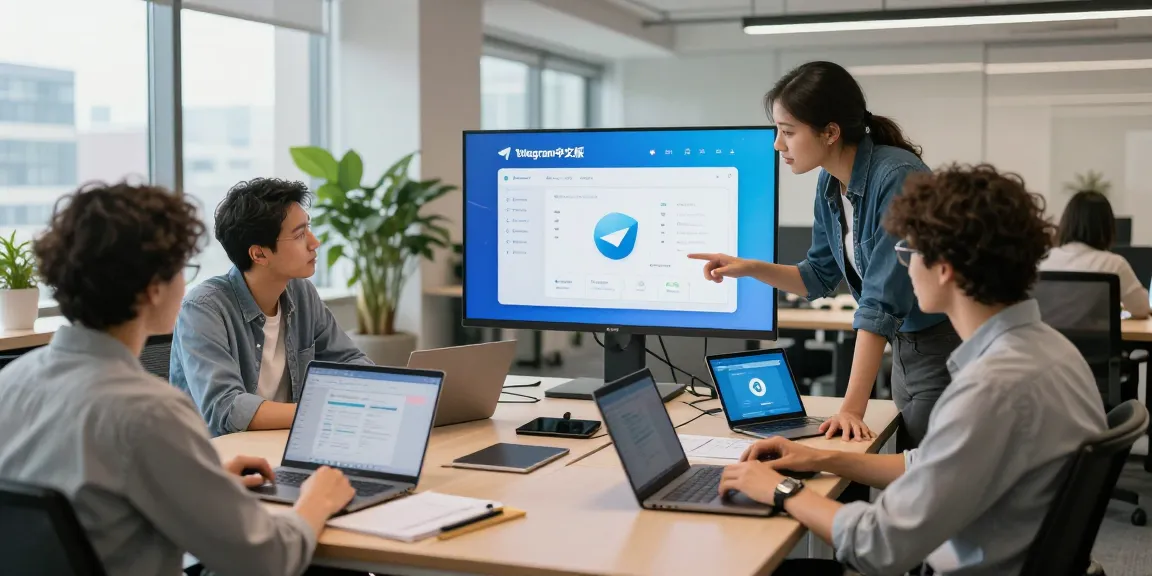 Team exploring the features of telegram中文版 in a vibrant tech workspace