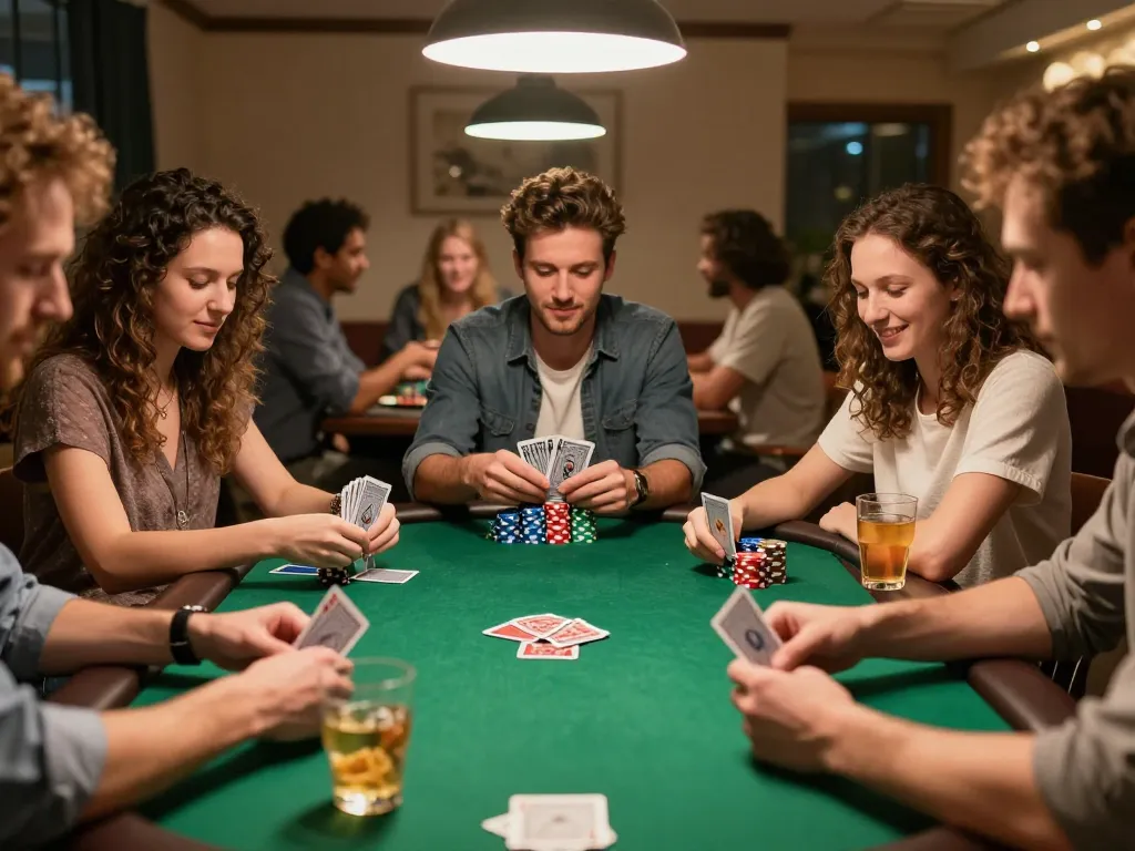 Participants engage in a lively poker game at home, showcasing the vibrant atmosphere of social gaming with hakobhakobyanart.
