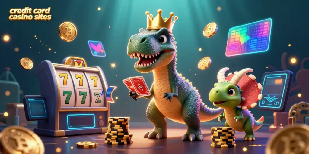 Engaging scene of a T-Rex and friends in a vibrant casino setting, representing credit card casino sites.