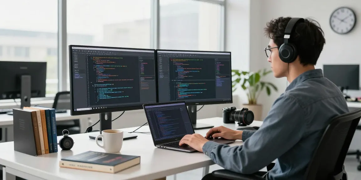 Developer coding on dual monitors in a modern workspace, showcasing telegram中文版 features.