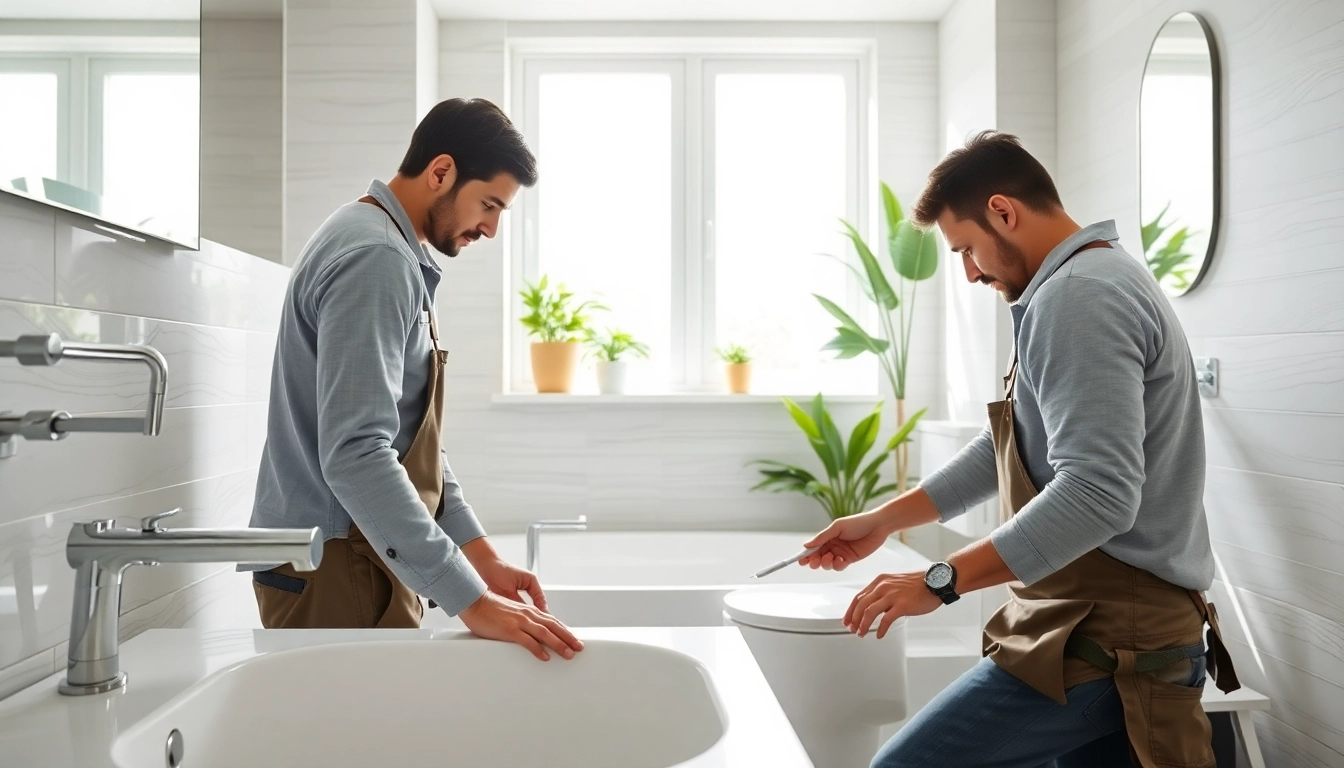 Bathroom installers engaged in a stylish renovation project showcasing skilled craftsmanship.