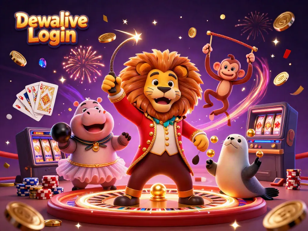 Experience the thrill of Dewalive Login with 3D animated casino characters amidst sparkling treasure and gameplay action.