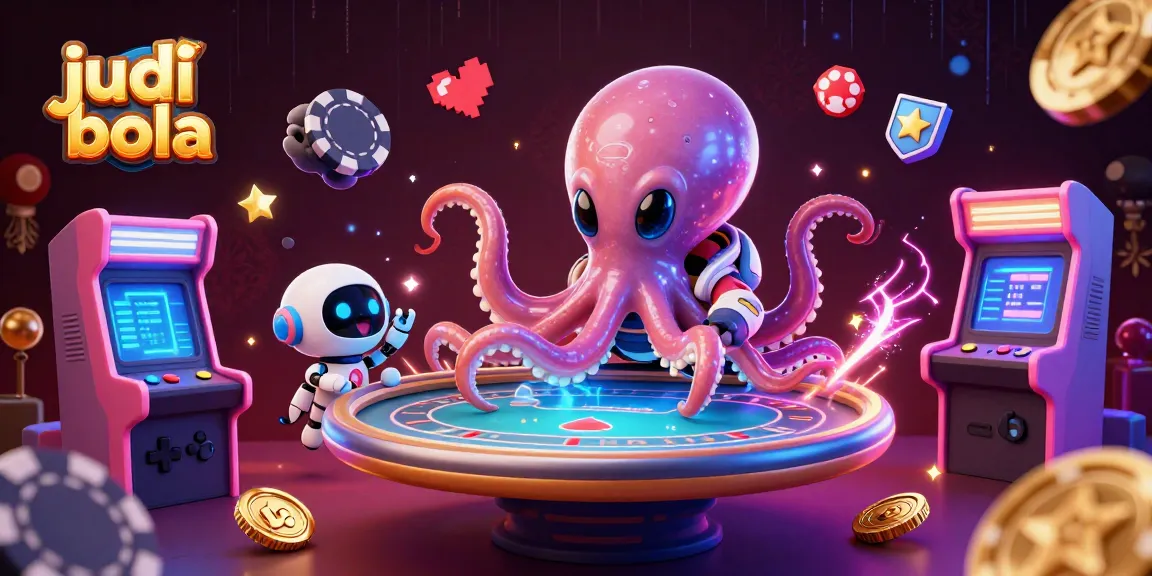 Engage in judi bola with a colorful alien octopus at a poker table amidst vibrant gaming elements.