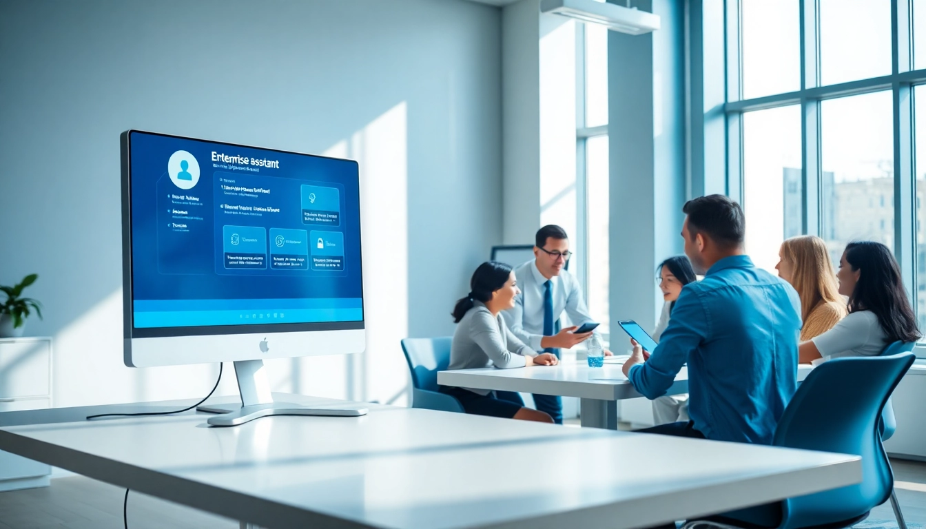 Showcasing team collaboration with enterprise assistant software interface on a computer screen.