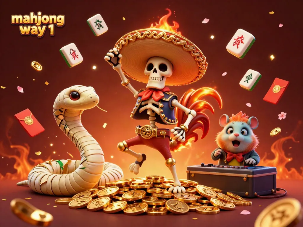 Experience excitement with mahjong way 1 as a colorful mariachi rooster and friends celebrate wins amidst festive visuals.