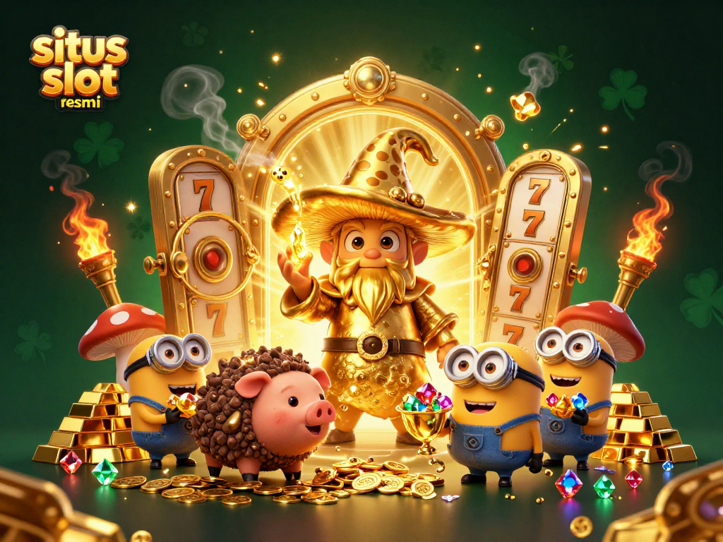 Experience the magic of situs slot resmi with a golden wizard, treasure, and slot elements.