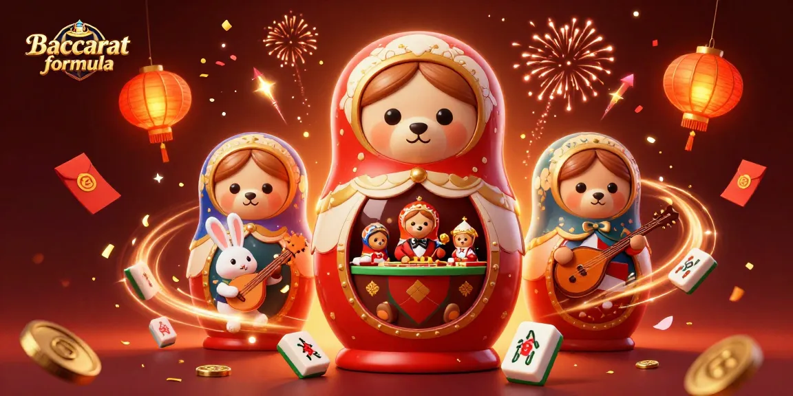 Engage in the Baccarat formula with detailed characters and festive elements in a vibrant casino scene.
