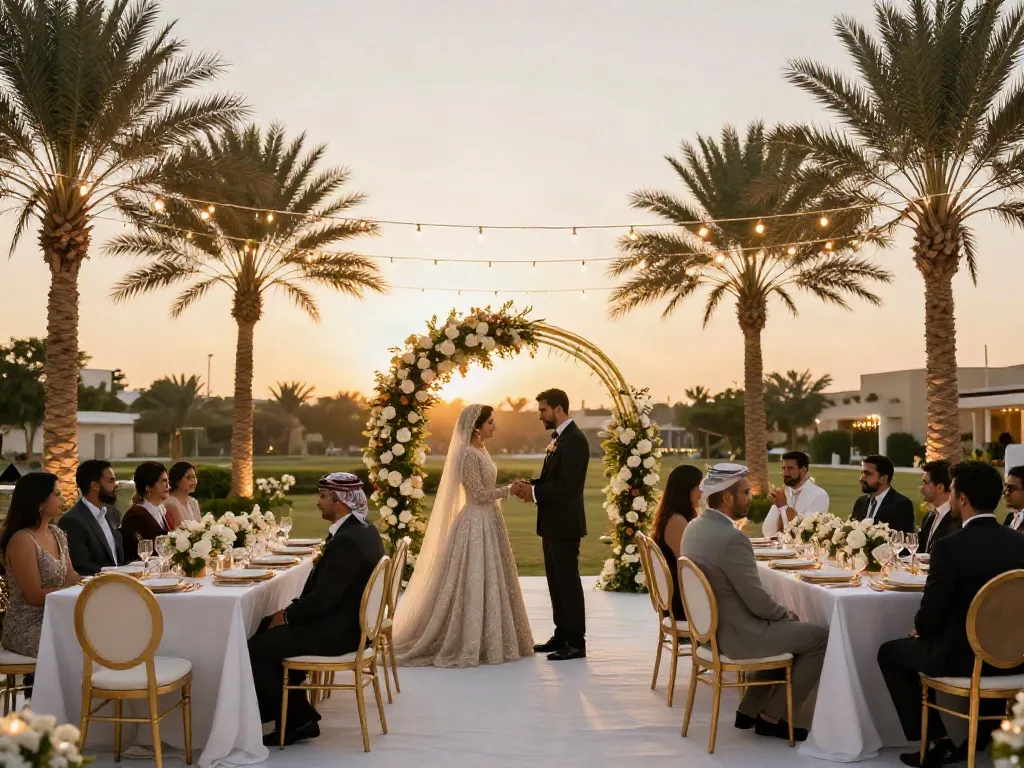Event rental ksa elegant wedding setup with floral arch and decorated tables.