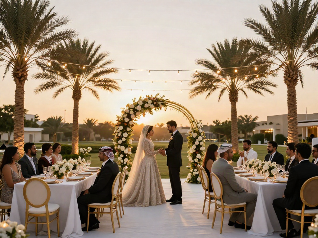 Event rental ksa elegant wedding setup with floral arch and decorated tables.