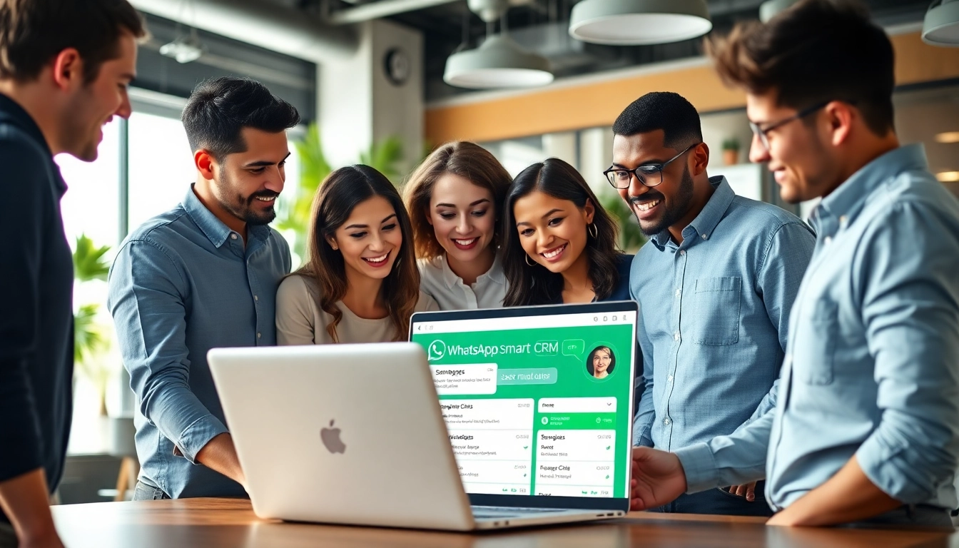 Collaborative team using WhatsApp Smart CRM for effective communication and business strategies.