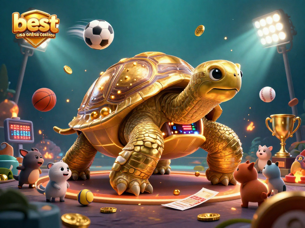 Engage with the best usa online casinos through an exciting illustration of a golden tortoise pinball machine and animals, surrounded by dynamic gaming elements.