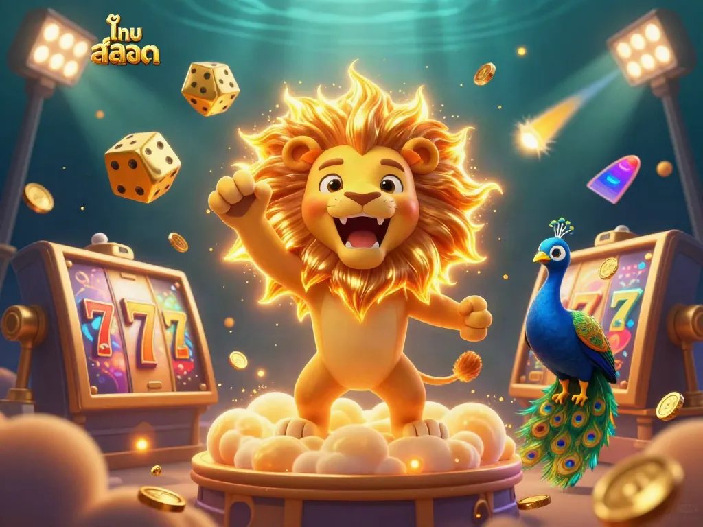 Play slots with ไทย สล็อต featuring a roaring lion, golden dices, and vibrant jackpot elements.