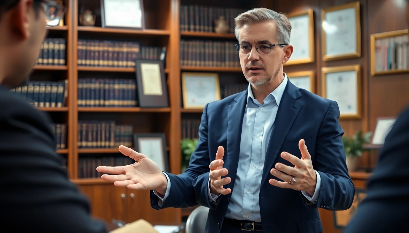 Anwalt Strafrecht in einer professionellen Besprechung mit Klienten, die juristische Fragen diskutieren.