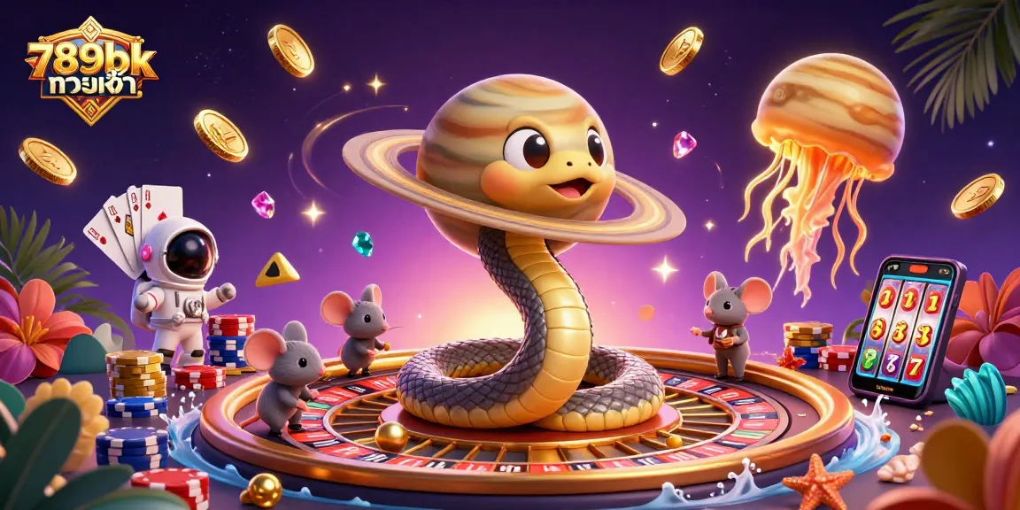 Engage in thrilling betting at 789bk ทางเข้า with a cosmic casino scene featuring 3D characters.