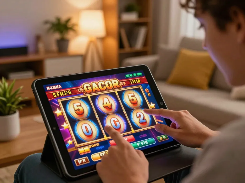 An online player enjoying a thrilling slot gacor game on a tablet in a cozy living room setting