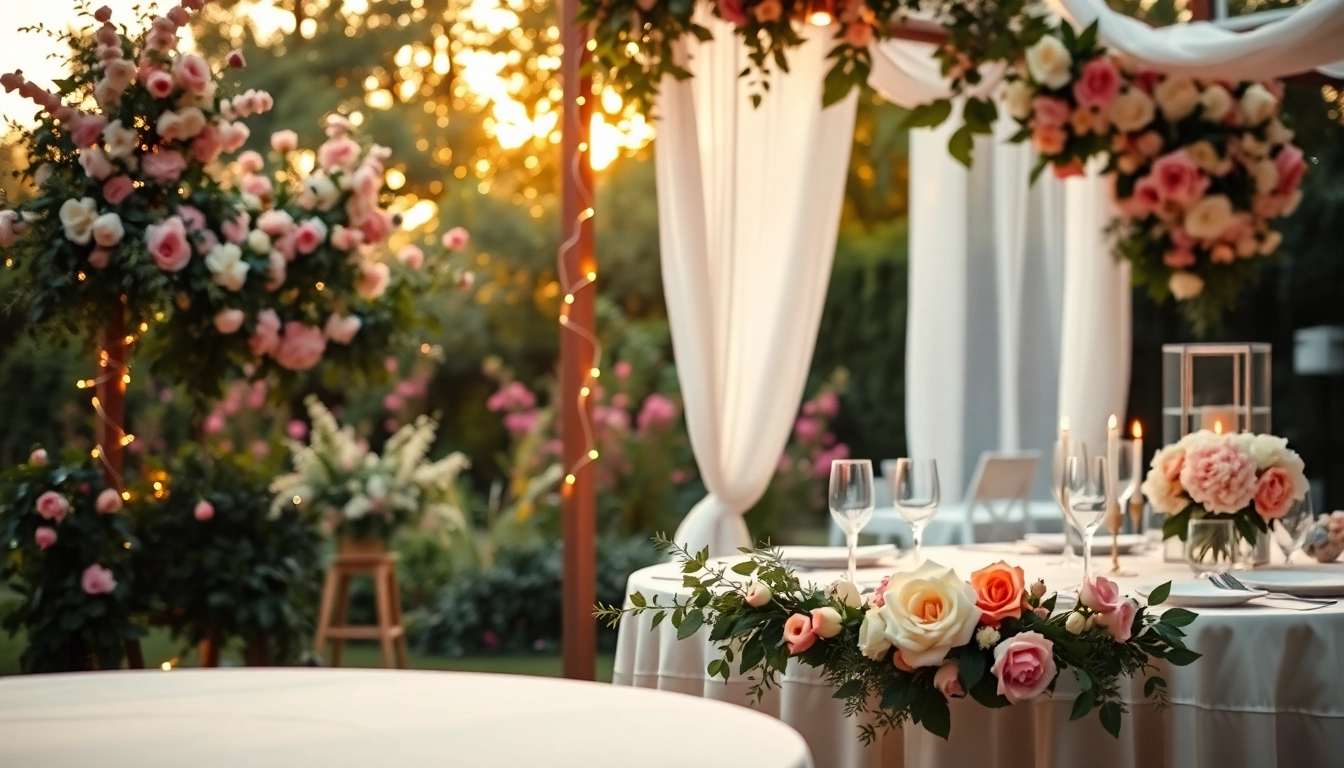 Romantische hochzeits location mit Blumendekoration und eleganten Details.
