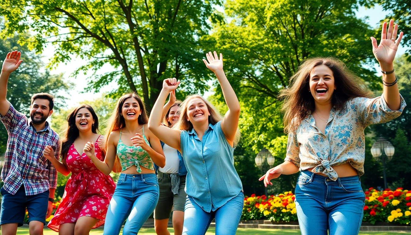 Friends enjoying movin and groovin in a sunny park, illustrating joy and energy.