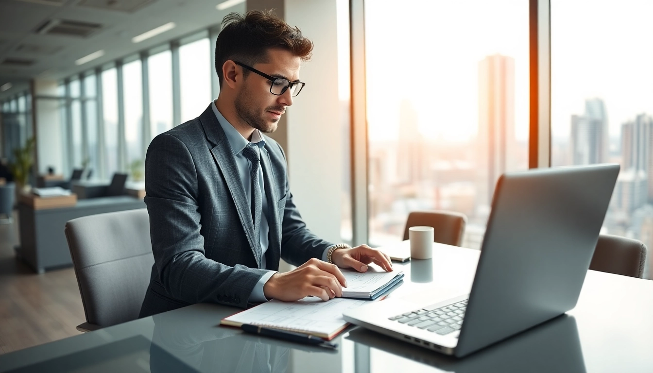Dynamic scene of a search consultant strategizing in a modern office with a city view.