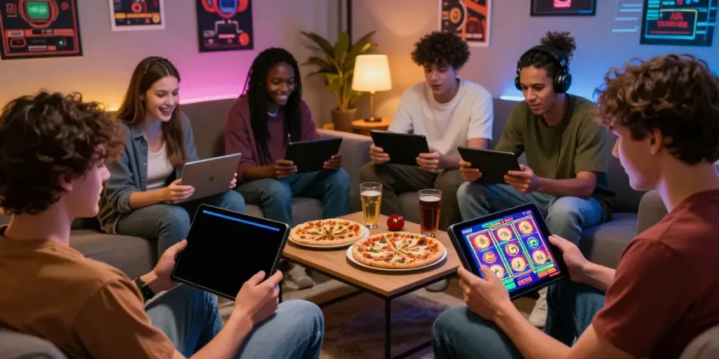 Players enjoying slot88 games in a vibrant living room setting with interactive screens.