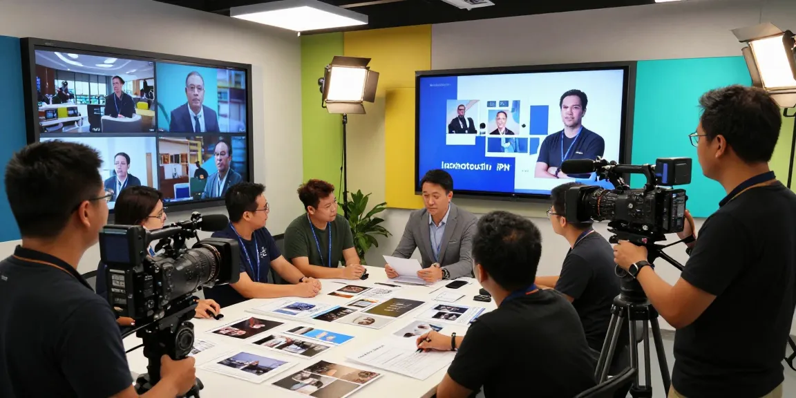 Corporate Videography Services in Singapore showcased by a diverse production team in a vibrant studio environment.