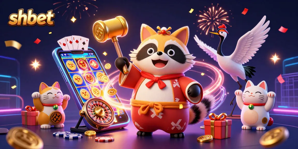 Experience shbet thrills with a cartoon tanuki and fortune cats in a vibrant casino scene.