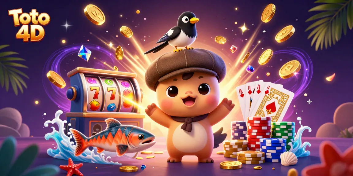 Toto 4D illustration showcasing the playful Loch Ness Monster and friends winning big with golden coins and slot reels.