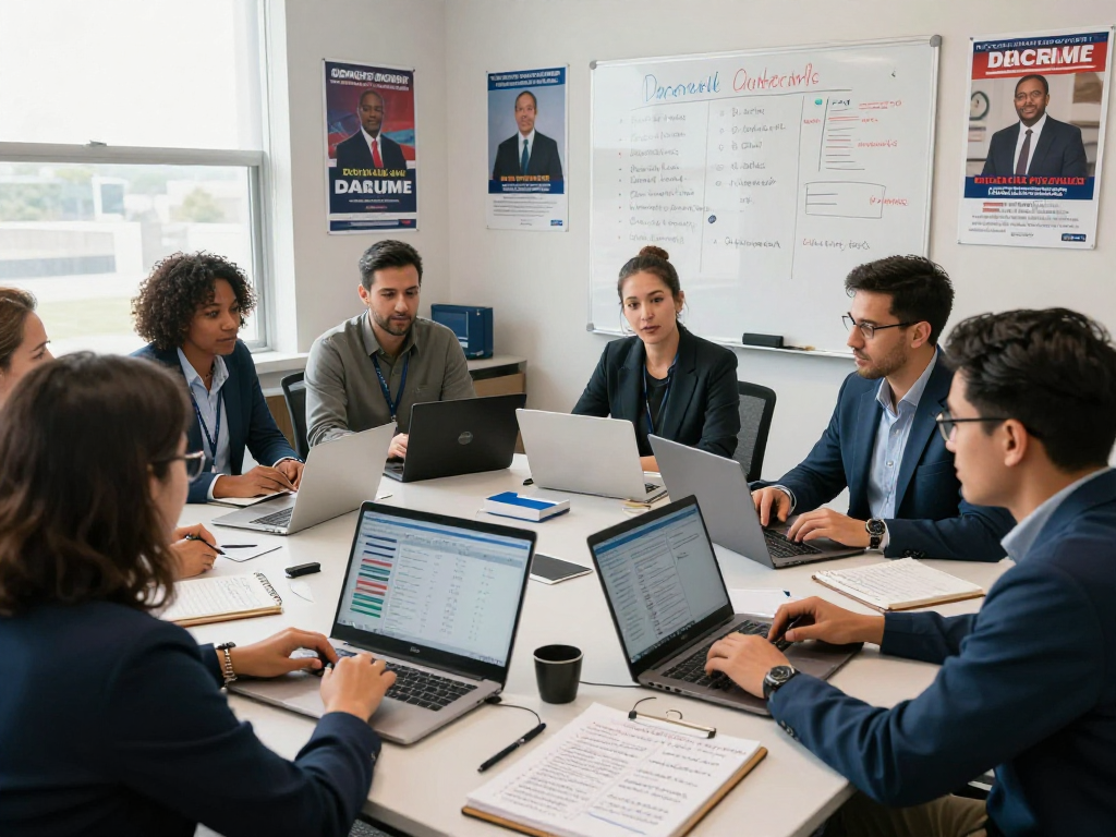 Team collaborating on donor email outreach strategies in a bright campaign office.