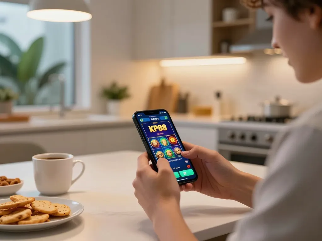Kp88 experience gaming on a smartphone with snacks in a cozy home setting.