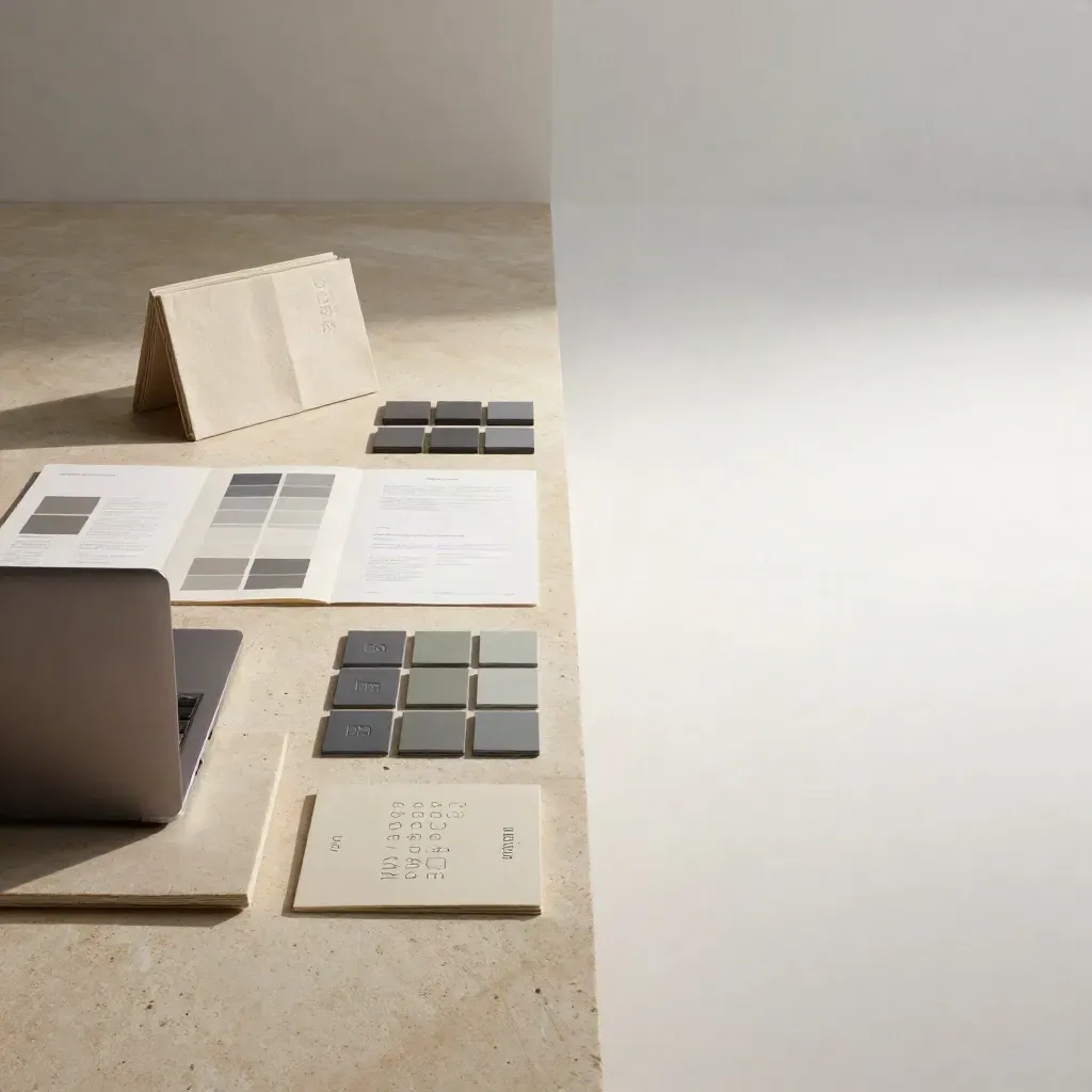 Cinematic brand identity materials on a stone floor with dramatic dawn light.