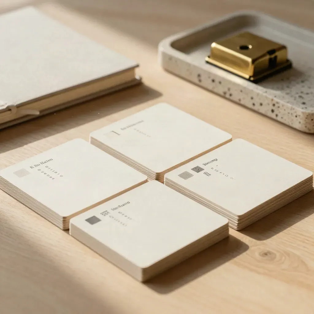 Strategy cards, brass weight, notebook and color chips in warm window light