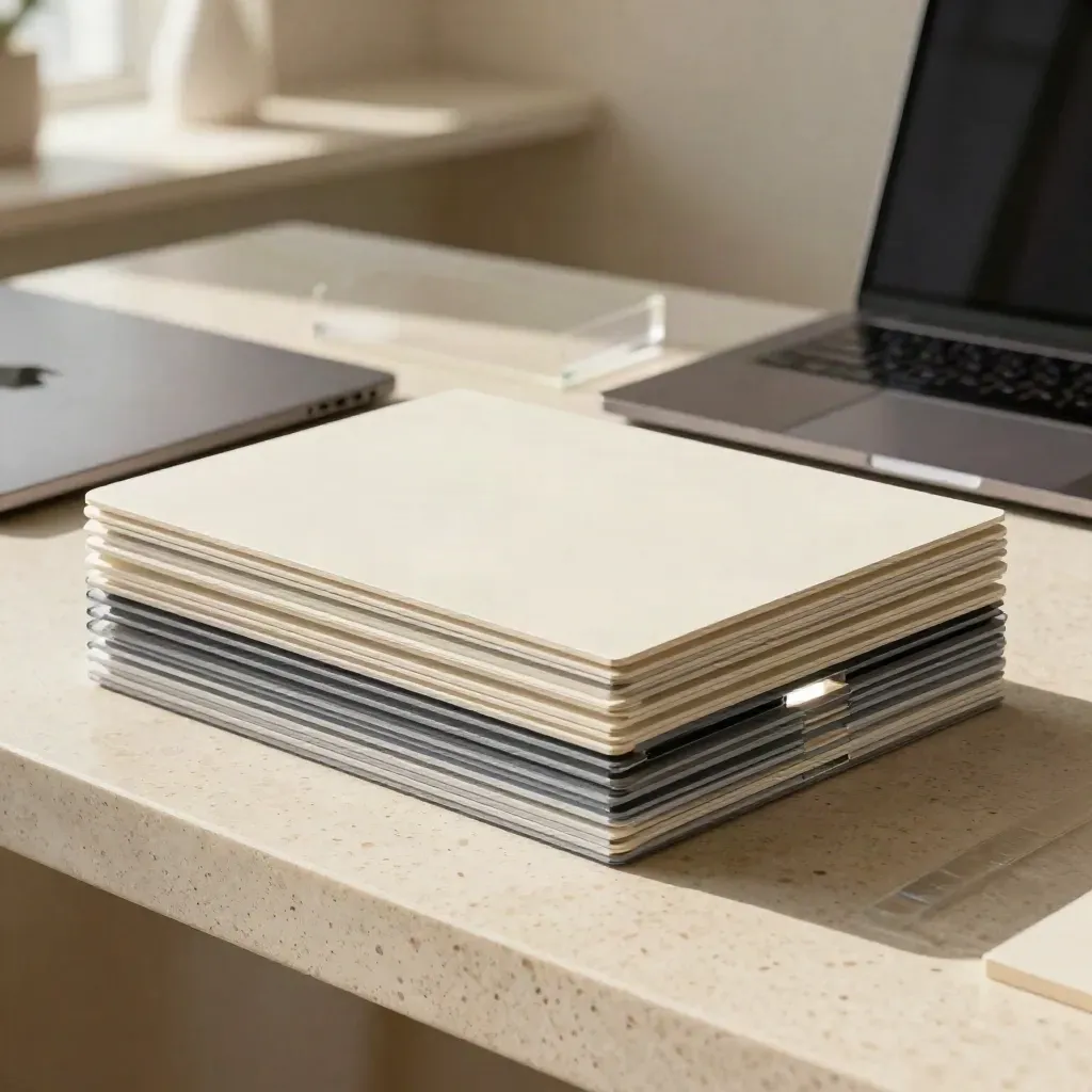 Blank website mockup boards and a closed laptop on travertine, lit by soft daylight.