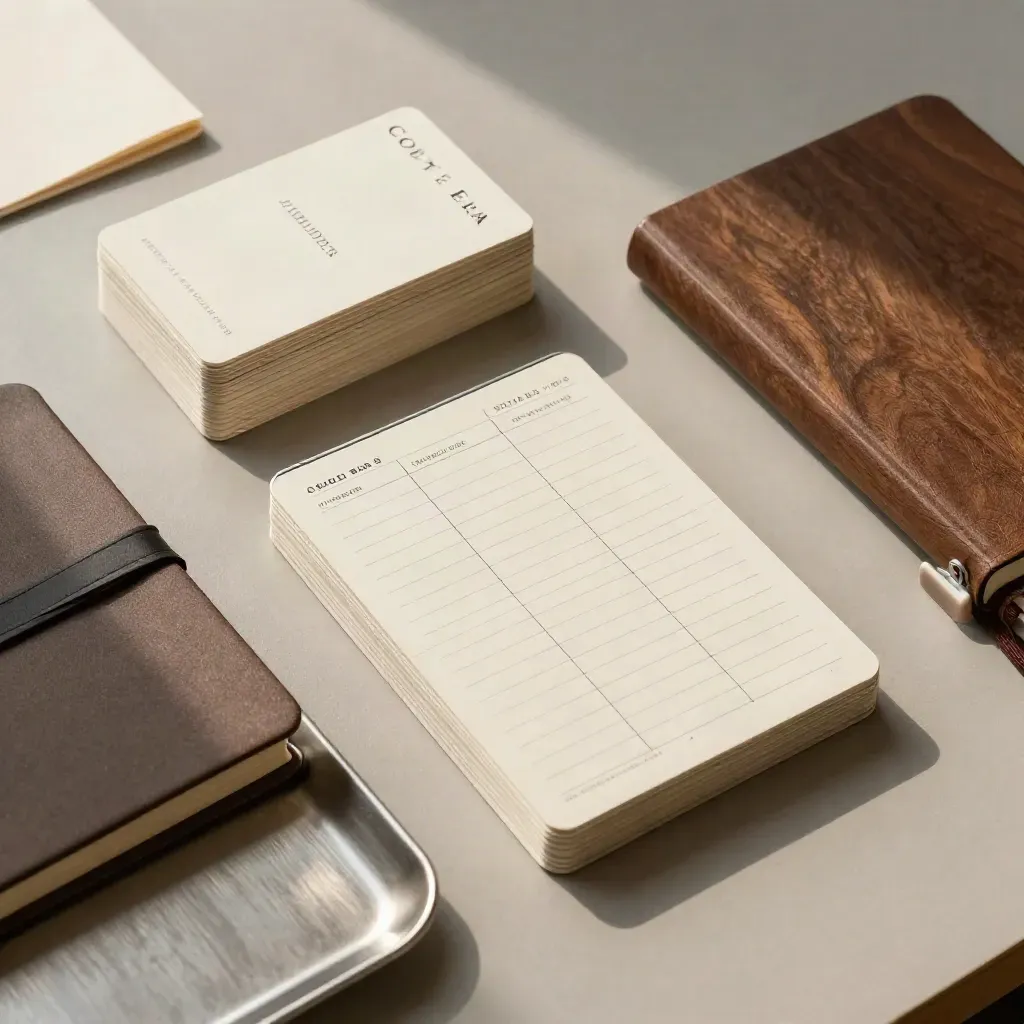Top-down brand messaging cards, closed notebooks and a ceramic bookend on a pale desk.
