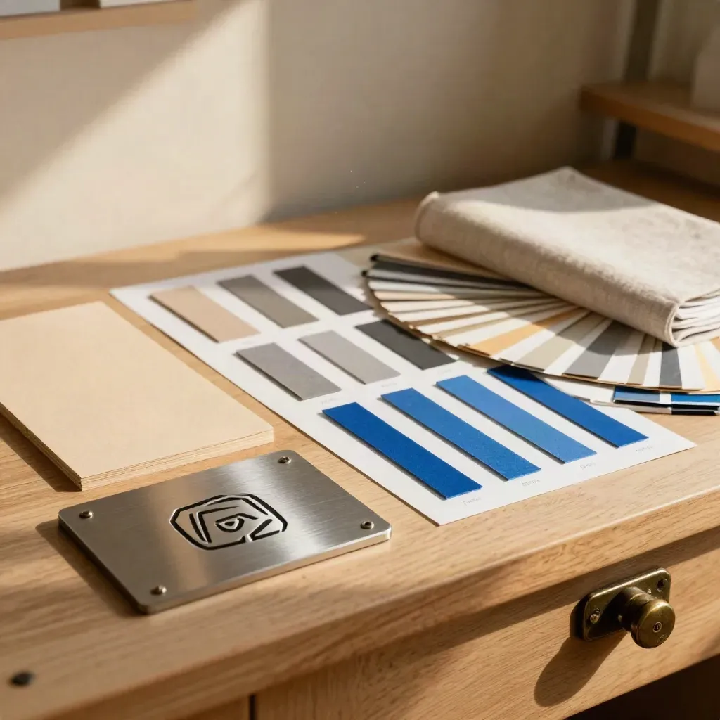 Brand identity kit on linen with plaques, swatches, ink bars and a sealed style guide in warm light.