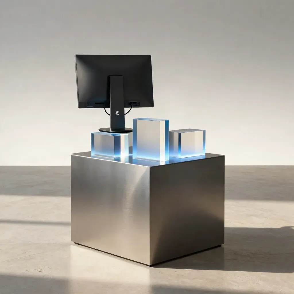 Demo kiosk with glowing acrylic blocks and turned monitor on a graphite pedestal