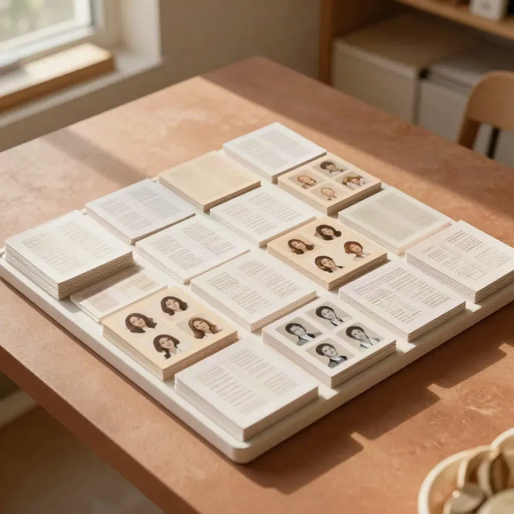 Top-down paper kit for social assets in a sunlit studio tray, warm terracotta and white.