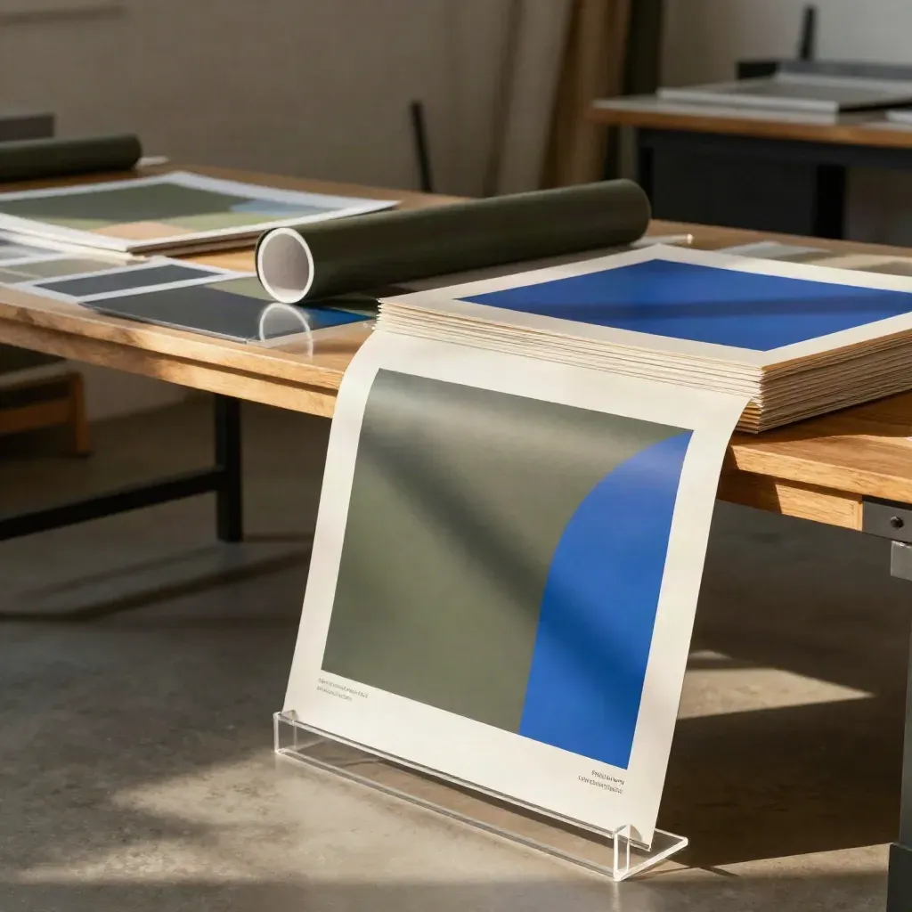Launch graphic mockup boards and rolled posters on a studio table with electric blue accents.