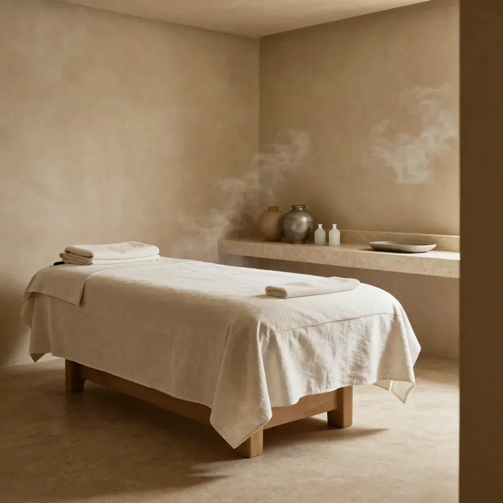 Serene spa treatment room with towels, frosted bottles, ceramic vessels, and soft steam