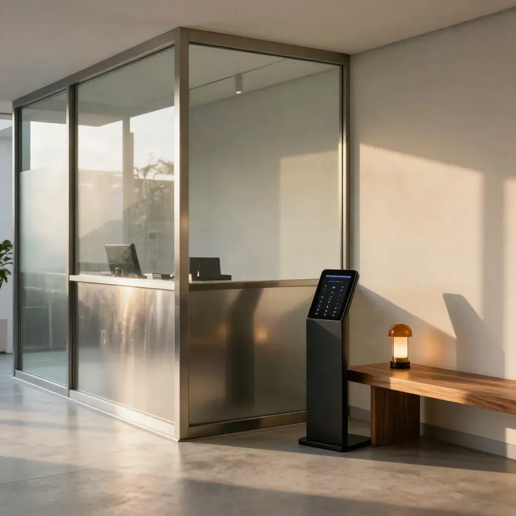 Finished fintech reception corner with smoked glass, brushed metal, and glowing token dock
