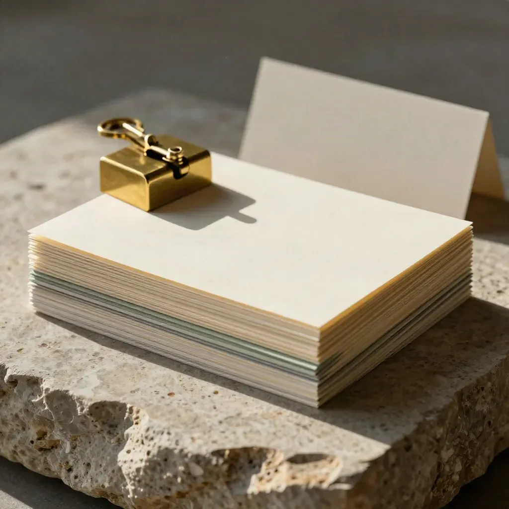 Blank strategy cards, colored tabs, and a brass paperweight on rough stone.