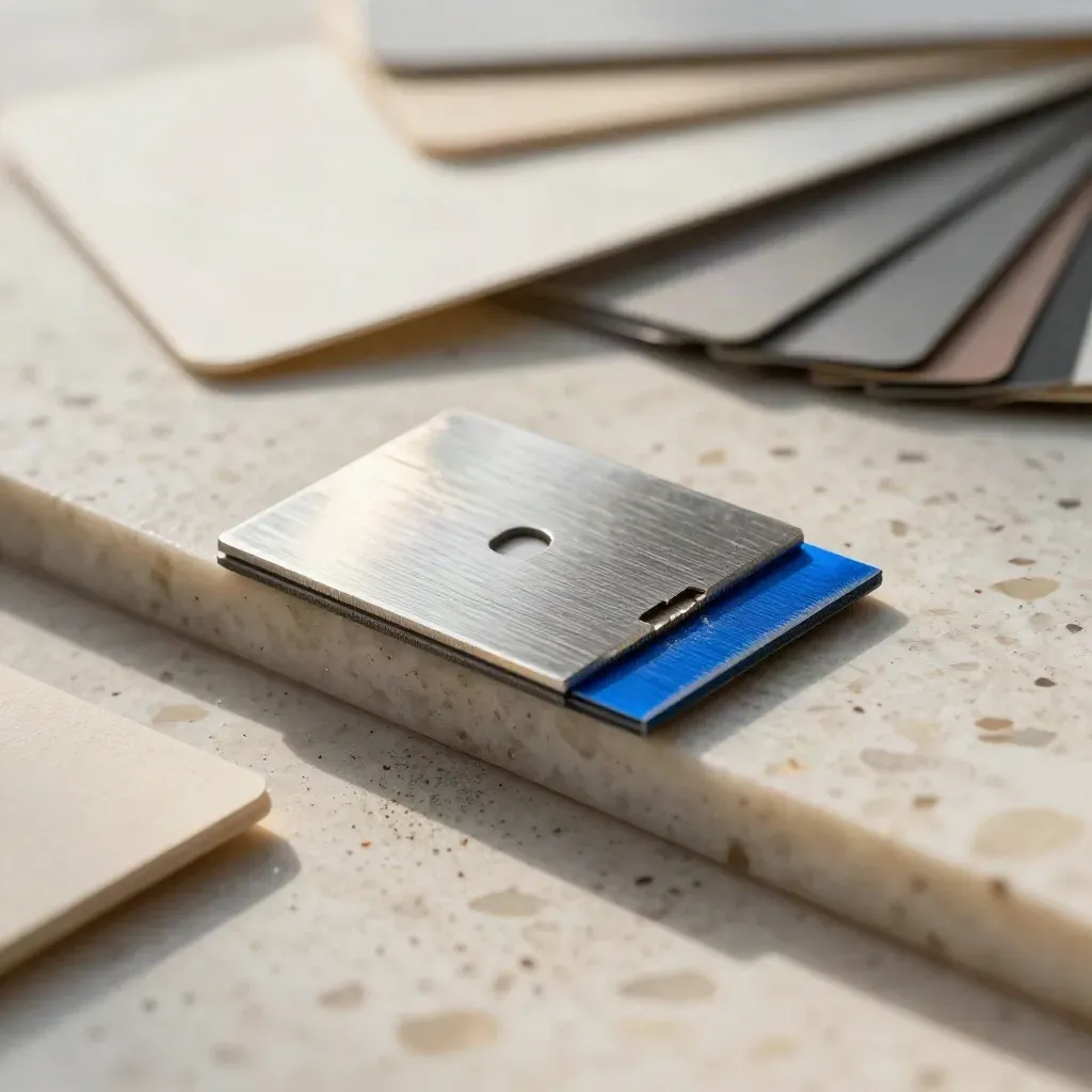 Macro still life of branding tools: blade, swatches, logo plate and swatch fan on travertine.