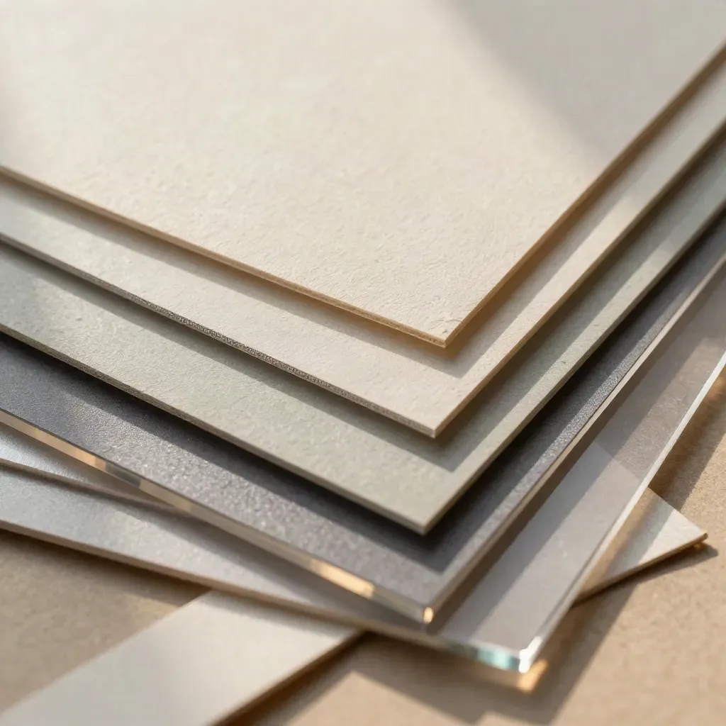 Macro of embossed paper swatches, foil edges, and acrylic color chips catching raking light.