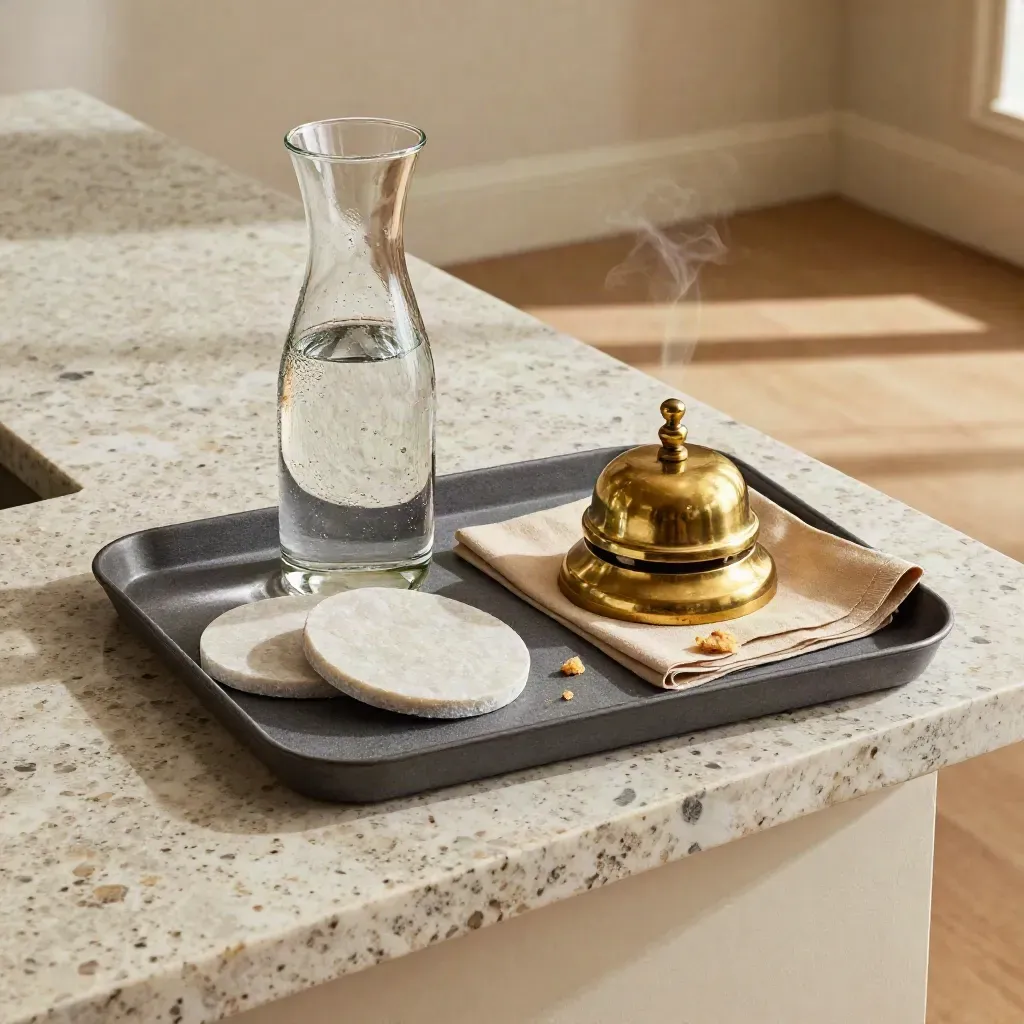 Top-down tray with glass carafe, stone coasters and brass bell on travertine in soft daylight.
