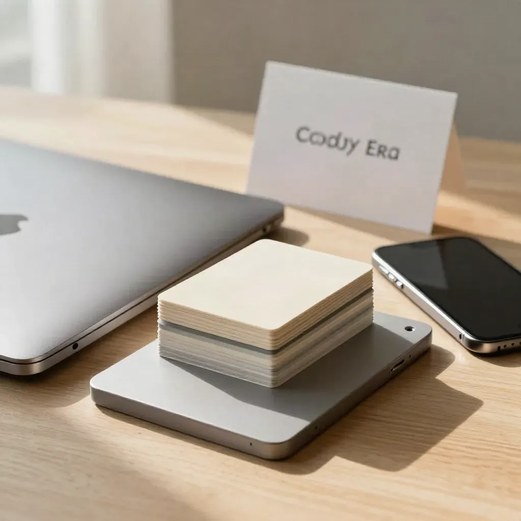 Closed laptop, face-down tablet, phone, and swatch stack on pale oak with soft window light