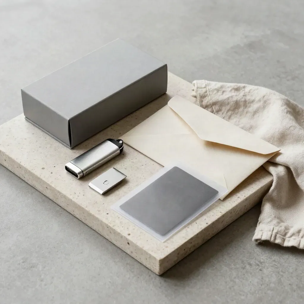 Archival box, linen envelope, flash drive and card sleeve on a stone tray