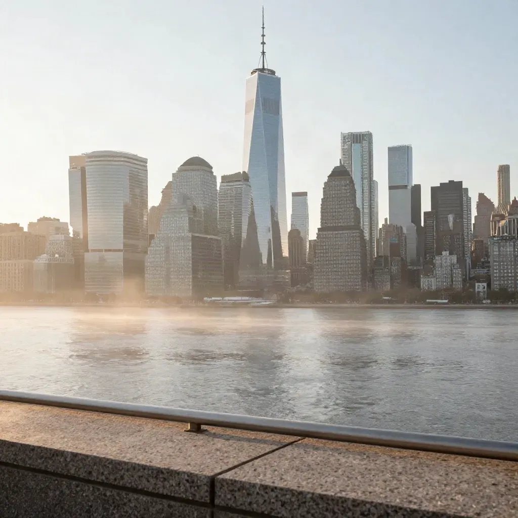 Manhattan skyline at sunrise above misty river and pale stone rooftops, calm open lower space