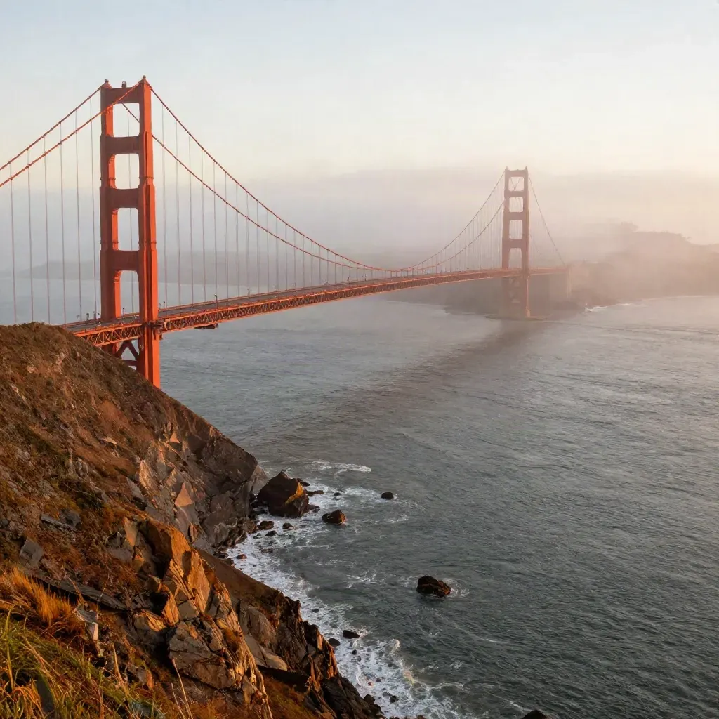 Golden Gate Bridge span in fog at first light over calm bay and cliffs.