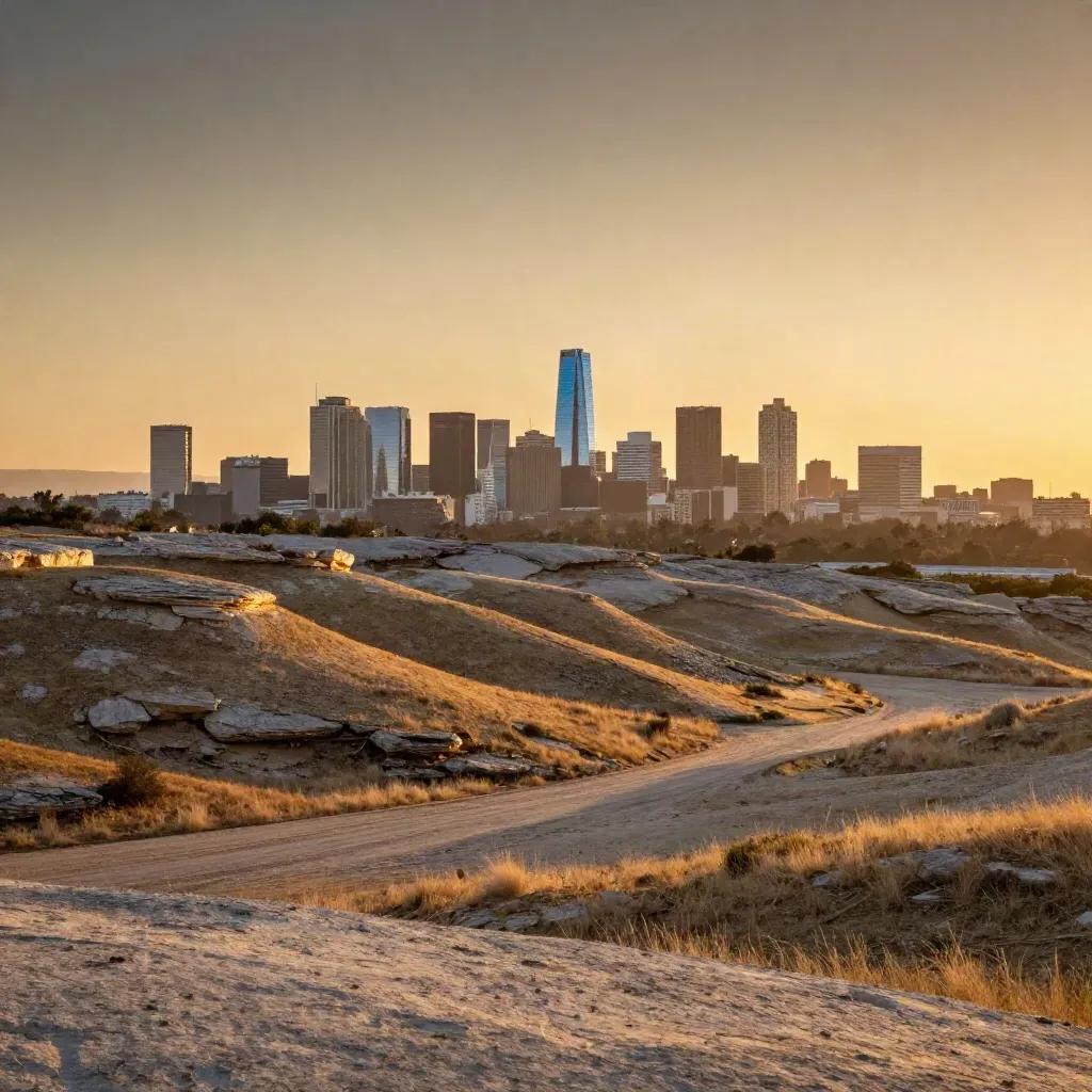 Austin skyline above limestone hills at amber dusk with heat haze and calm open foreground.